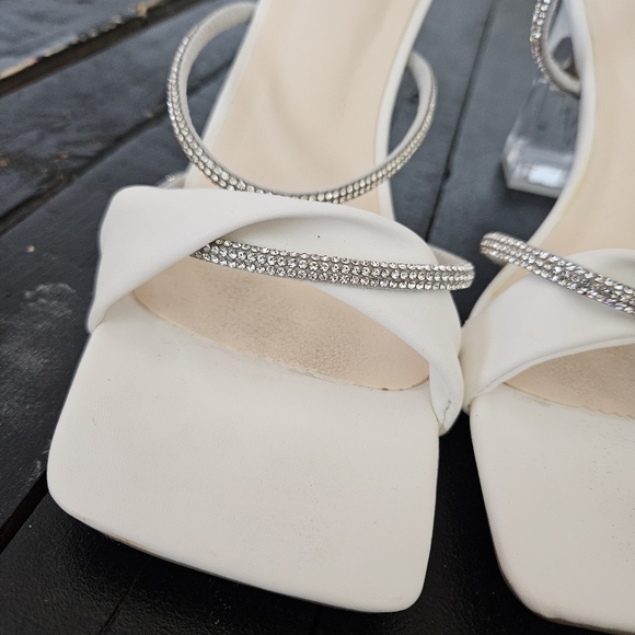 Elegant White Women's Heels with Rhinestone Straps Women's 11 Fancy Square Toe - Picture 4 of 11